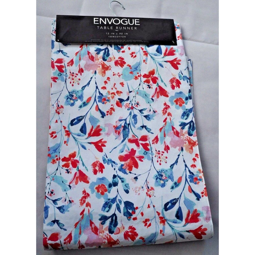 Envogue Table Runner 15"x90" 100% Cotton Blue Red White Color Floral New Pack
